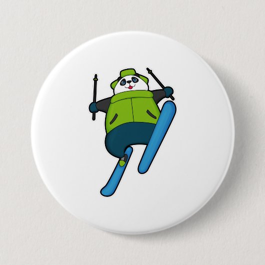 Panda als skijumper met skiën ronde button 7,6 cm (Voorkant)