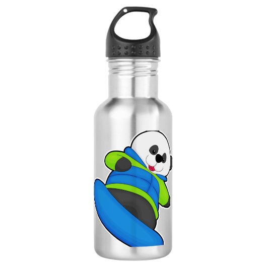 Panda als Snowboarder met Snowboard Waterfles (Voorkant)