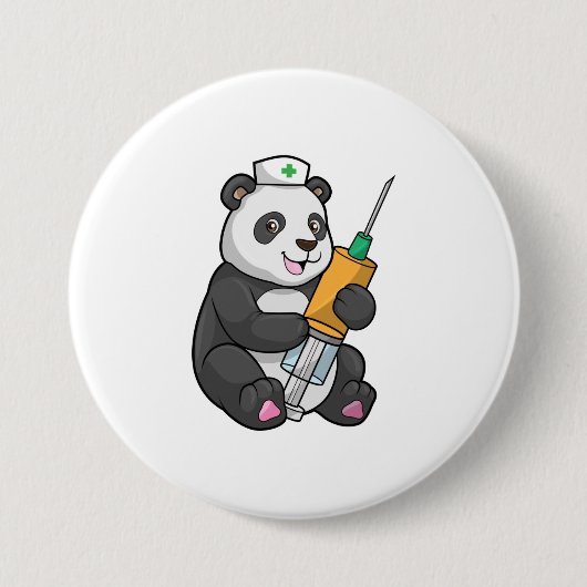 Panda als verpleegster met spuit ronde button 7,6 cm (Voorkant)