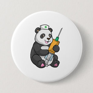 Panda als verpleegster met spuit ronde button 7,6 cm