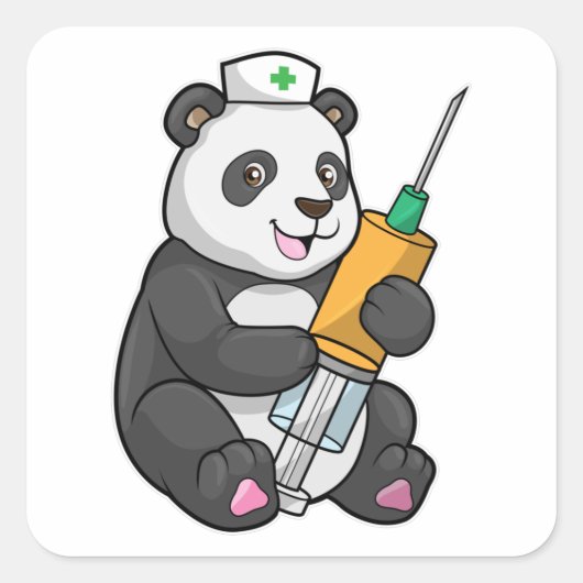 Panda als verpleegster met spuit vierkante sticker (Voorkant)