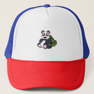Panda als wandelaar met rugzak trucker pet