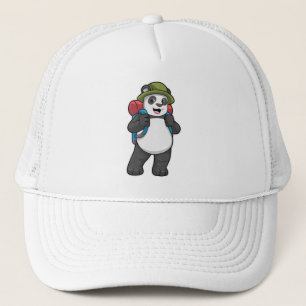 Panda als wandelaar met rugzak trucker pet