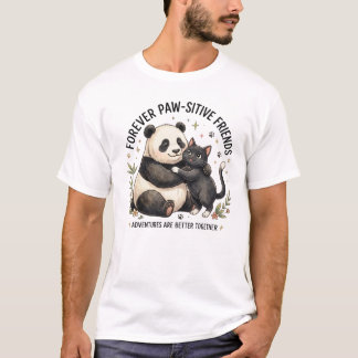 Panda and Cat Adventure Hot Air Balloon Design T-shirt