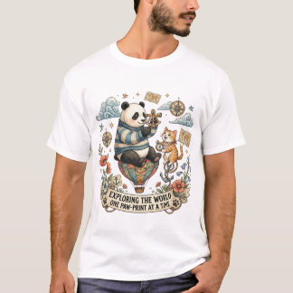 Panda and Cat Adventure Hot Air Balloon Design T-shirt
