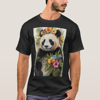 Panda Animal Art met tropische bloemen kroon en le T-shirt