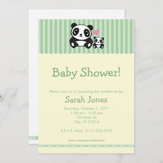 Panda-Baby shower - Groen en Cream Kaart (Voorkant / Achterkant)
