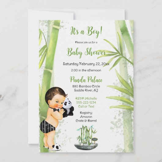 Panda Bamboe Thema Baby Boy Zwart Wit Groen Kaart (Voorkant)