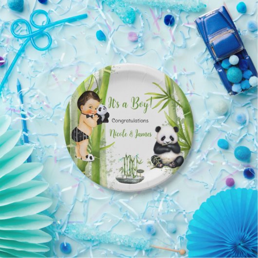 Panda Bamboe Thema Baby Boy Zwart Wit Groen Papieren Bordje (Feest)