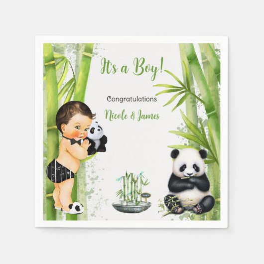 Panda Bamboe Thema Baby Boy Zwart Wit Groen Servet (Voorkant)