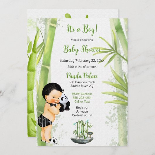 Panda Bamboe Thema Baby Jongen Zwart Wit Groen Kaart (Voorkant / Achterkant)