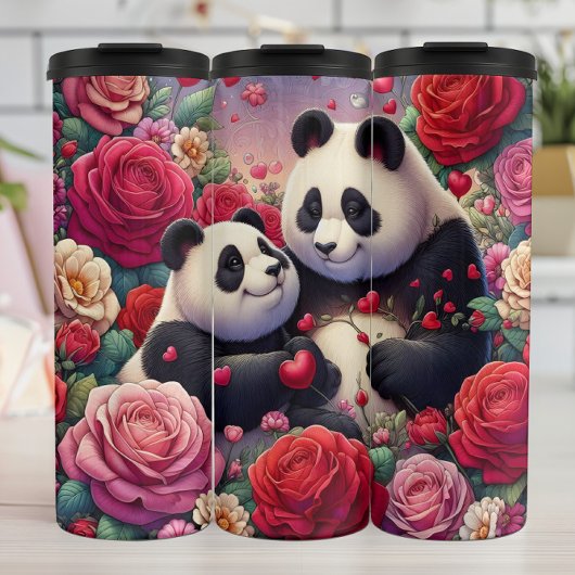 Panda Bear Couple Rose Garden Wrap Thermosbeker
