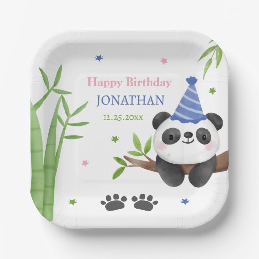 Panda Bear Green Bamboo Kids Birthday  Papieren Bordje (Voorkant)