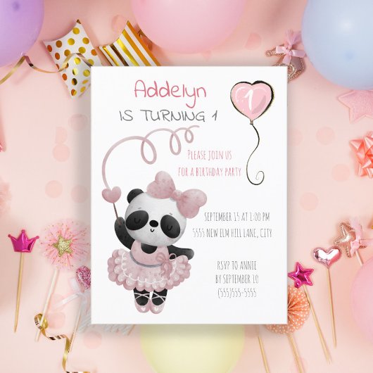 Panda Beer Ballerina Girl's 1e verjaardag Uitnodiging Briefkaart