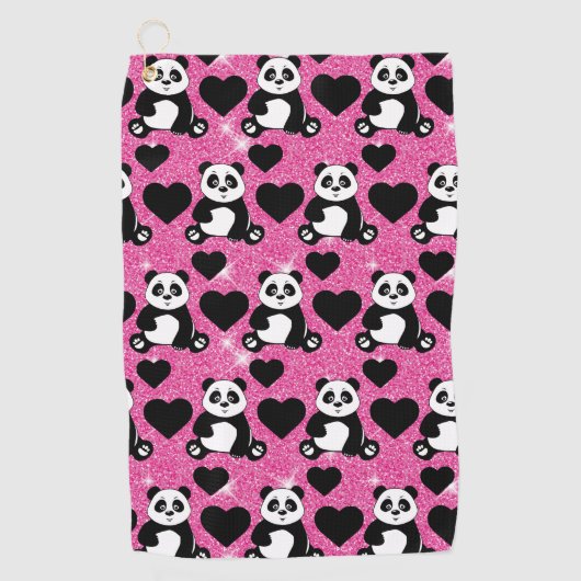 Panda Beer Dierenvriend Black Harten Roze Glitter Golfhanddoek (Voorkant)