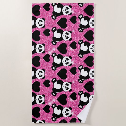 Panda Beer Dierenvriend Black Harten Roze Glitter Strandlaken (Voorkant)