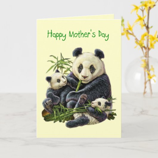 Panda Beer en Cub Moederdag Kaart (Blank) (Gele Bloem)