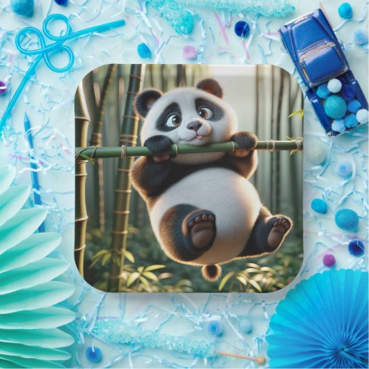 Panda Beer hangend aan een bamboetak Papieren Bordje (Feest)