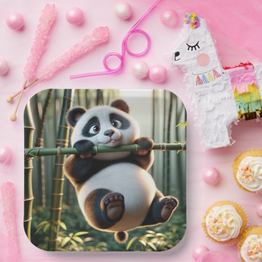 Panda Beer hangend aan een bamboetak Papieren Bordje (Feest)