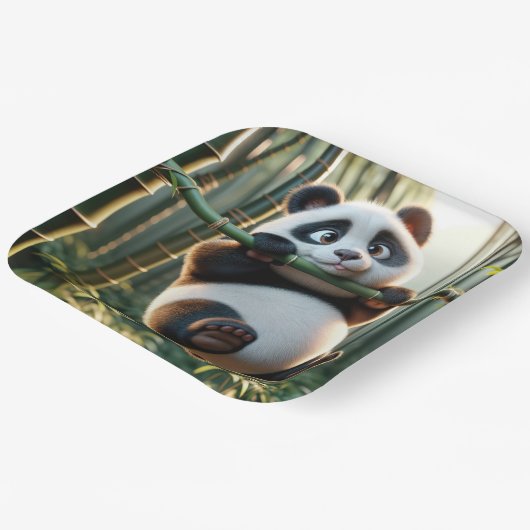 Panda Beer hangend aan een bamboetak Papieren Bordje (Gebogen)