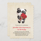 Panda Beer Holding Bouquet van Rozen Birthday Kaart (Voorkant / Achterkant)