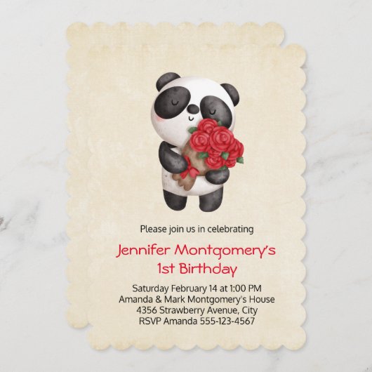 Panda Beer Holding Bouquet van Rozen Birthday Kaart (Voorkant / Achterkant)