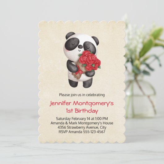 Panda Beer Holding Bouquet van Rozen Birthday Kaart (Staand voorkant)