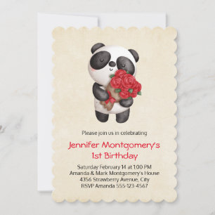 Panda Beer Holding Bouquet van Rozen Birthday Kaart