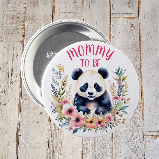 Panda Beer in Bloemen Meisje's Baby shower Moeder  Ronde Button 7,6 Cm