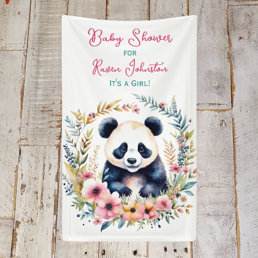 Panda Beer in Bloemen Meisjes Baby shower Spandoek