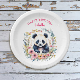 Panda Beer in Bloemen Meisjes Verjaardag Gepersona Papieren Bordje