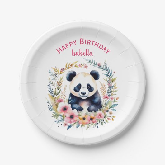 Panda Beer in Bloemen Meisjes Verjaardag Gepersona Papieren Bordje (Voorkant)