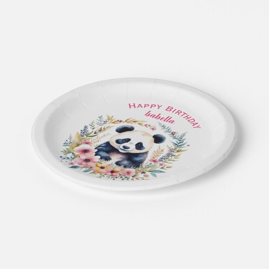 Panda Beer in Bloemen Meisjes Verjaardag Gepersona Papieren Bordje (Gekanteld)