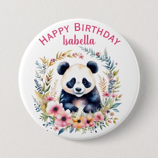 Panda Beer in Bloemen Meisjes Verjaardag Gepersona Ronde Button 7,6 Cm (Voorkant)
