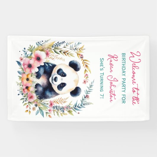 Panda Beer in Bloemen Meisjes Verjaardag Spandoek (Horizontaal)