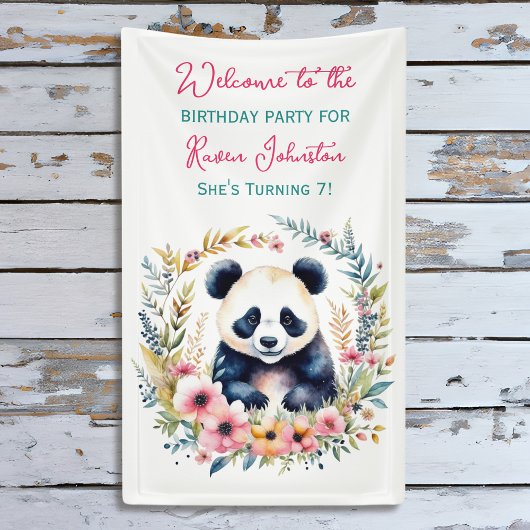 Panda Beer in Bloemen Meisjes Verjaardag Spandoek
