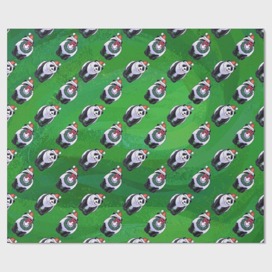 Panda-Beer in Santa Hat op groen Cadeaupapier (Vlak)