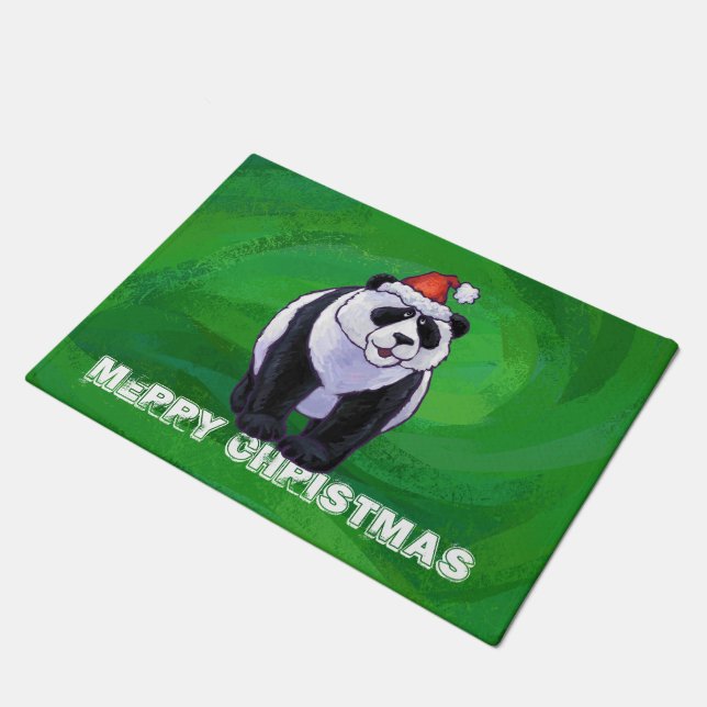 Panda-Beer in Santa Hat op groen Deurmat (Schuin)