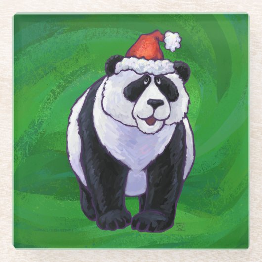 Panda-Beer in Santa Hat op groen Glazen Onderzetter (Voorkant)