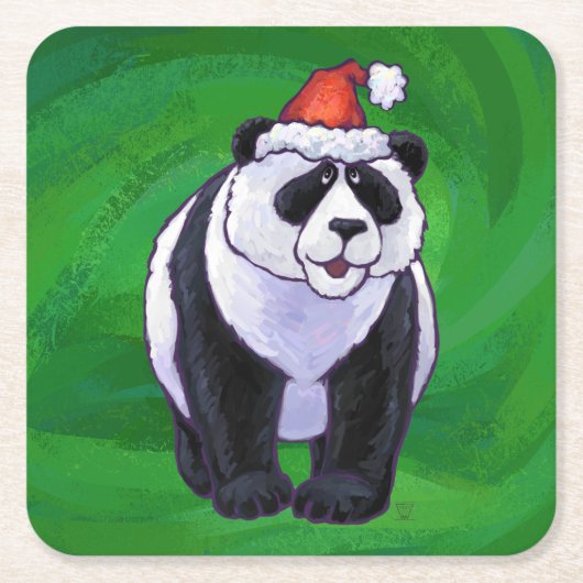 Panda-Beer in Santa Hat op groen Kartonnen Onderzetters (Voorkant)