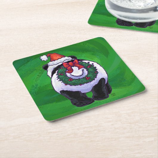 Panda-Beer in Santa Hat op groen Kartonnen Onderzetters (Schuin)