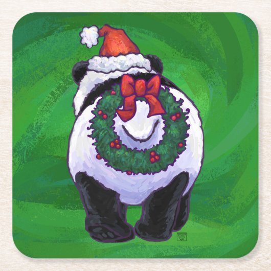 Panda-Beer in Santa Hat op groen Kartonnen Onderzetters (Voorkant)