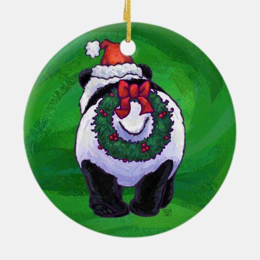 Panda-Beer in Santa Hat op groen Keramisch Ornament (Achterkant)