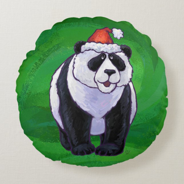 Panda-Beer in Santa Hat op groen Rond Kussen (Voorkant)
