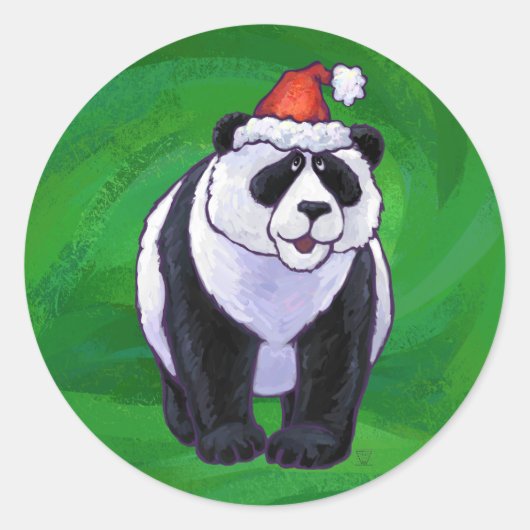 Panda-Beer in Santa Hat op groen Ronde Sticker (Voorkant)