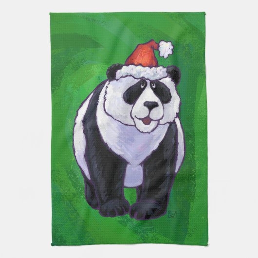 Panda-Beer in Santa Hat op groen Theedoek (Verticaal)