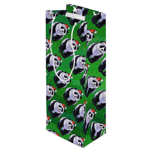 Panda-Beer in Santa Hat op groen Wijn Cadeautas (Achterkant Gekanteld)