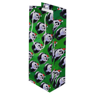 Panda-Beer in Santa Hat op groen Wijn Cadeautas