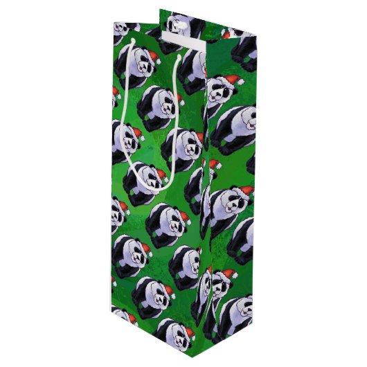 Panda-Beer in Santa Hat op groen Wijn Cadeautas (Voorkant Gekanteld)