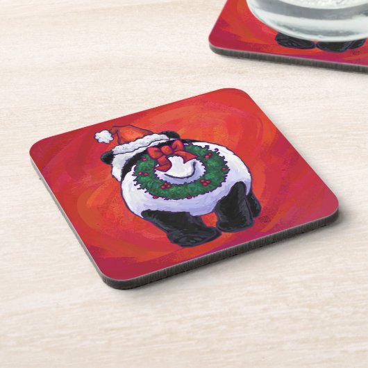 Panda-Beer in Santa Hat op rood Bier Onderzetter (Linkerzijde)